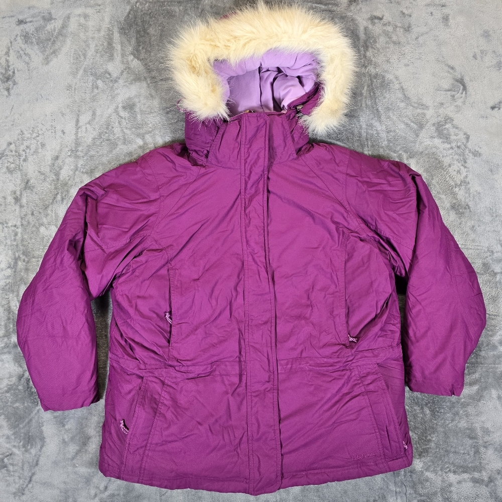 LL Bean Goose Down Parka Faux Fur Hood Sz Lg Petite Purple Baxter State